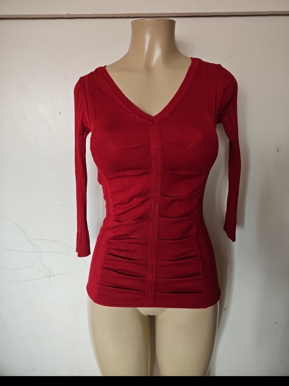 Grane Red V-Neck Ruched Long Sleeve Top